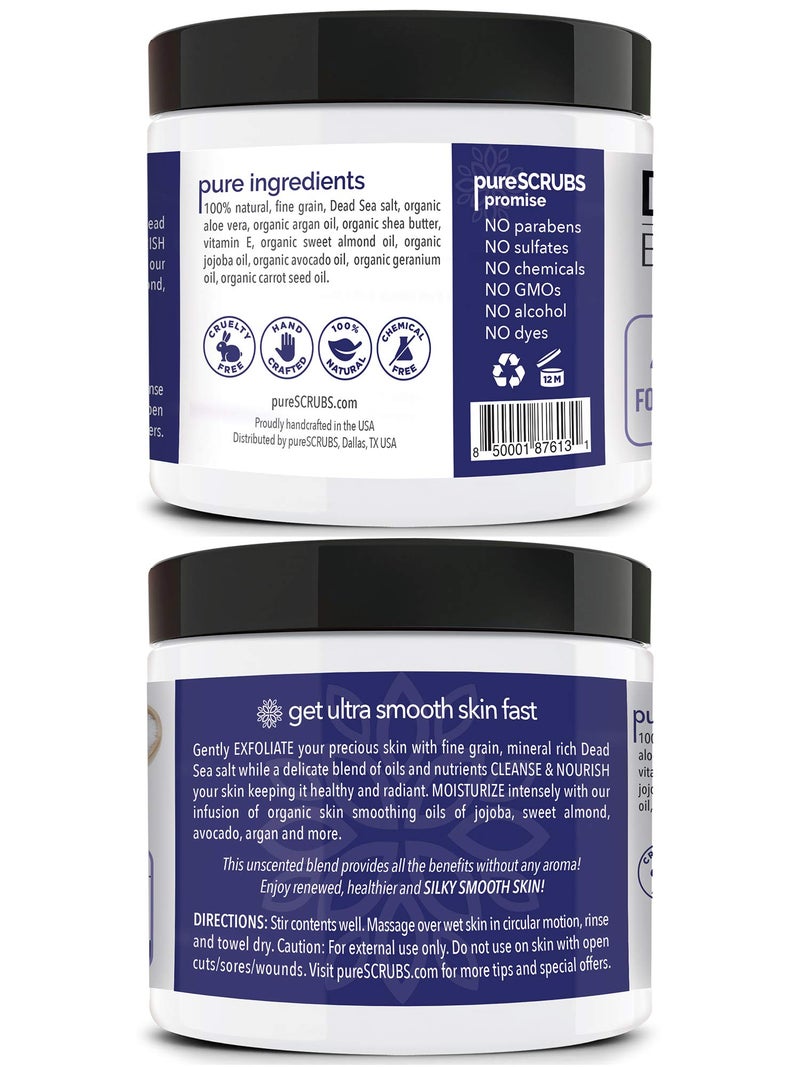 pureSCRUBS Premium Unscented Body Scrub Set - Large 16oz Dead Sea Salt Body Scrub With Infused Essential Oils & Nutrients, Includes Wooden Spoon, Loofah & Oatmeal Exfoliating Bar Soap - Image 2