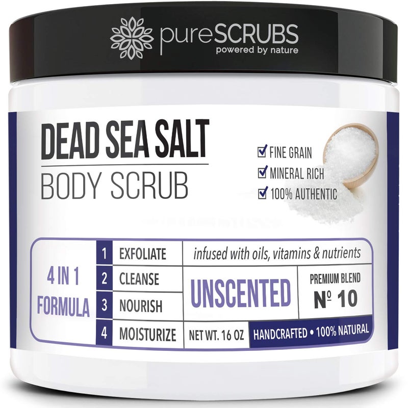 pureSCRUBS Premium Unscented Body Scrub Set - Large 16oz Dead Sea Salt Body Scrub With Infused Essential Oils & Nutrients, Includes Wooden Spoon, Loofah & Oatmeal Exfoliating Bar Soap - Image 1