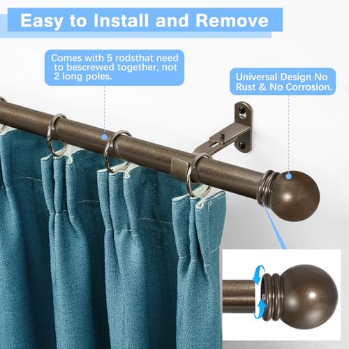 AMZSEVEN Curtain Rods for Windows 16 to 76 Inches, Curtain Rod Max Adjustable Length of 88 IN, 6/8" Diameter Drapery Rods Round Finials, Brown, Pack of 1 - Image 2