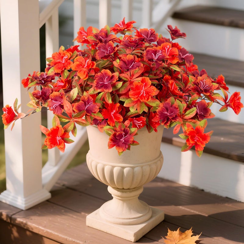 Ammyoo Fall Flowers Artificial for Decoration, Fake Silk Rhododendron Flowers for Outdoors, 2 Bundles Faux Azalea Outside UV Resistant No Fade Floral for Home Garden Balcony Walkway Wedding Party Decor - Image 1