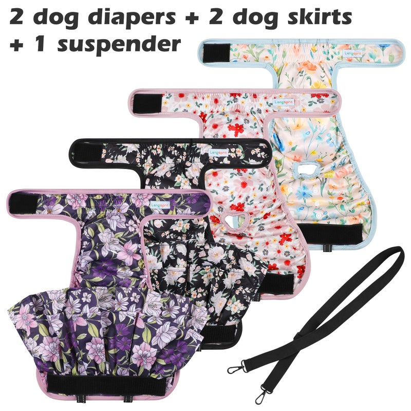 Langsprit Washable Female Dog Diapers (4 Pack+1 Suspenders), Reusable Female Girl Doggy Doggie Puppy Wraps Panties Belly Band for Pet Heat Period Pooping Peeing Potty Training Incontinence Marking Flower XLarge - Image 2