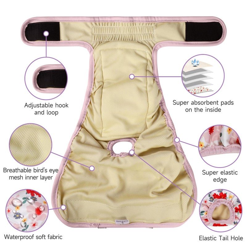 Langsprit Washable Female Dog Diapers (4 Pack+1 Suspenders), Reusable Female Girl Doggy Doggie Puppy Wraps Panties Belly Band for Pet Heat Period Pooping Peeing Potty Training Incontinence Marking Flower XLarge - Image 5