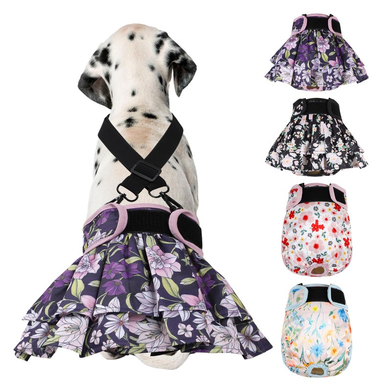 Langsprit Washable Female Dog Diapers (4 Pack+1 Suspenders), Reusable Female Girl Doggy Doggie Puppy Wraps Panties Belly Band for Pet Heat Period Pooping Peeing Potty Training Incontinence Marking Flower XLarge - Image 1