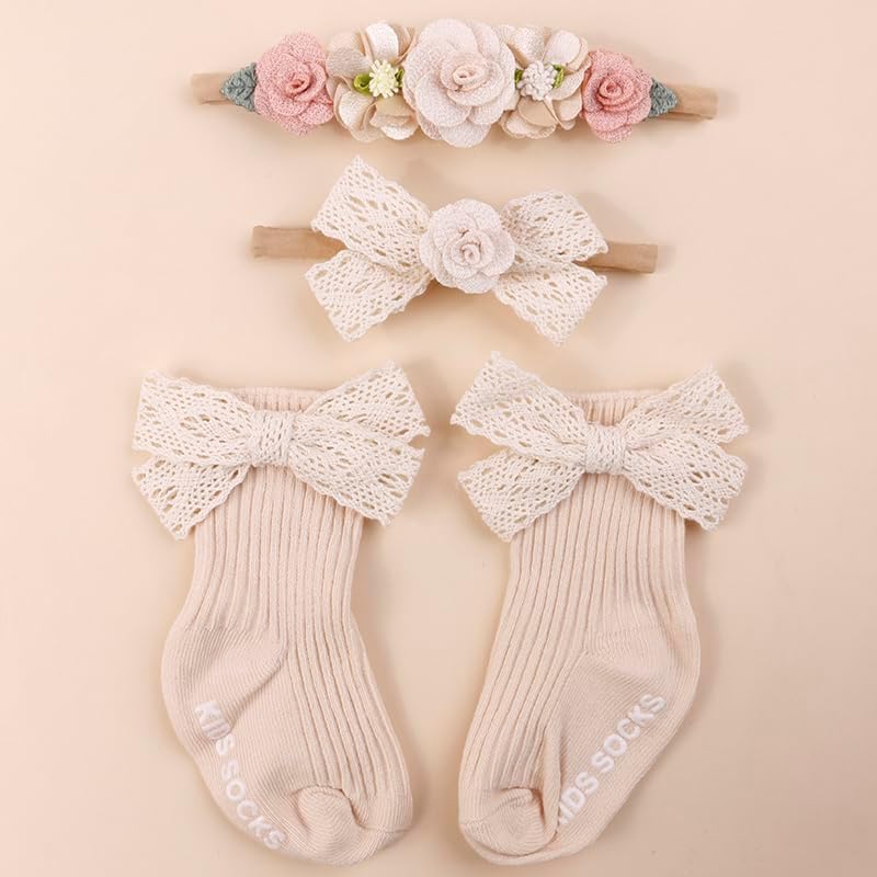 mligril Baby Girls Headband  Socks Set Cute Socks with Flower Hair Bows Baby Accessories Gifts for Newborn Infant Toddler - Image 2