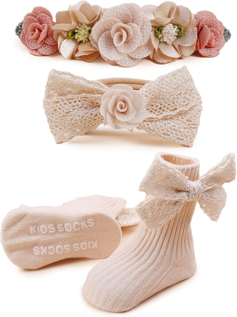 mligril Baby Girls Headband  Socks Set Cute Socks with Flower Hair Bows Baby Accessories Gifts for Newborn Infant Toddler - Image 1