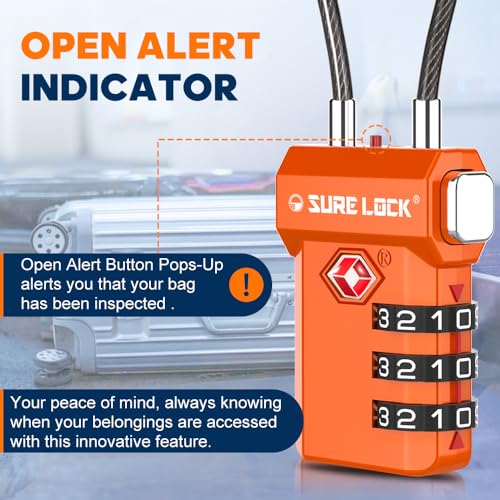SURE LOCK TSA Approved 3-Digit Combination Luggage Locks – Open Alert Indicator, Re-settable Code with Zinc Alloy Body, Easy-Read Dials for Suitcase, Backpack, Gym Locker & Toolbox(Orange 4 Pack) - Image 5
