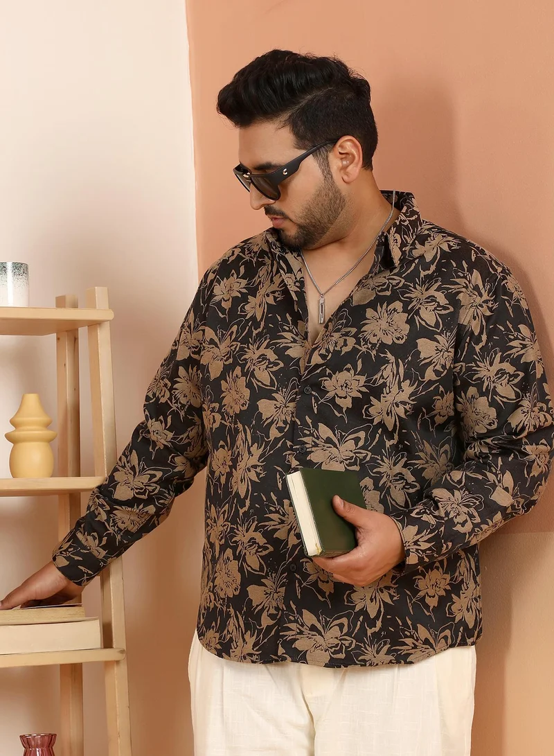 انستافاب بلس قميص رجالي مقاس بلس بلون أسود عقيق وبني جملي بتصميم متباين للملابس الكاجوال بياقة واسعة وأكمام طويلة بأزرار وإغلاق بأزرار ومقاس مريح للارتداء اليومي