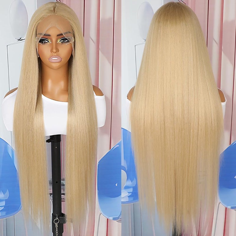 QD-Tizer Ash Blonde Synthetic Hair Wigs Long Straight Hair Mixed Platinum Blonde Color Natural HairLine Heat Resistant Fiber Hair Wigs for Fashion Women 32Inch - Image 2