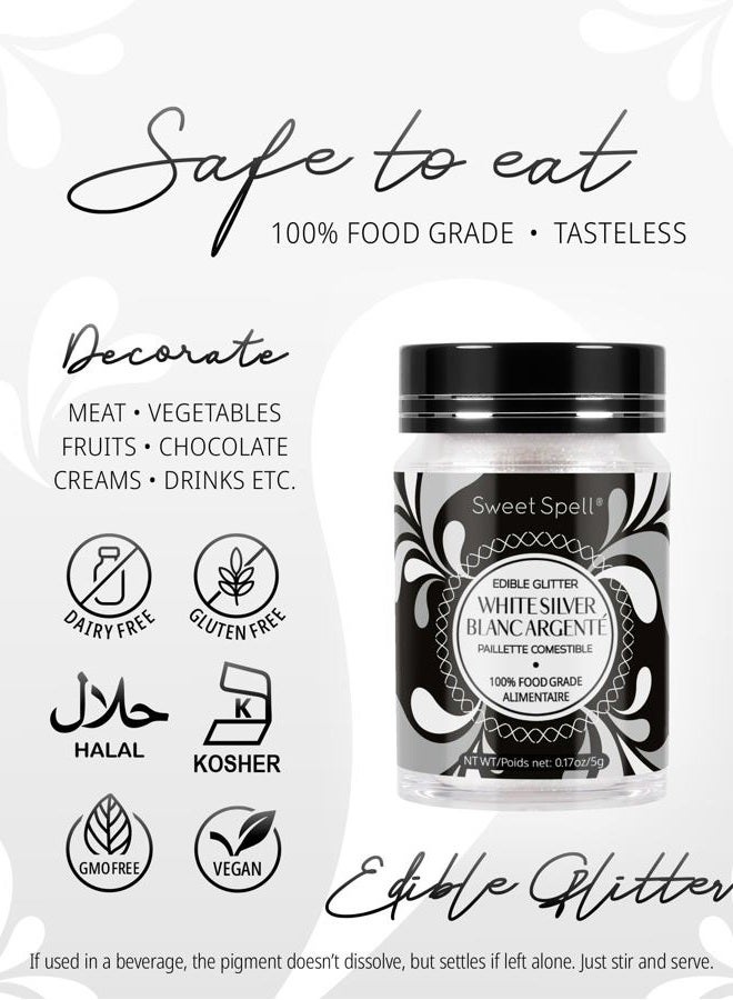 Sweet Spell Edible Glitter (15g) - Shimmer Sparkles for Drinks, Cakes, Cocktails - 100% Edible & Food Grade Glitter, Vegan, Gluten-Free (White Silver) - Image 4