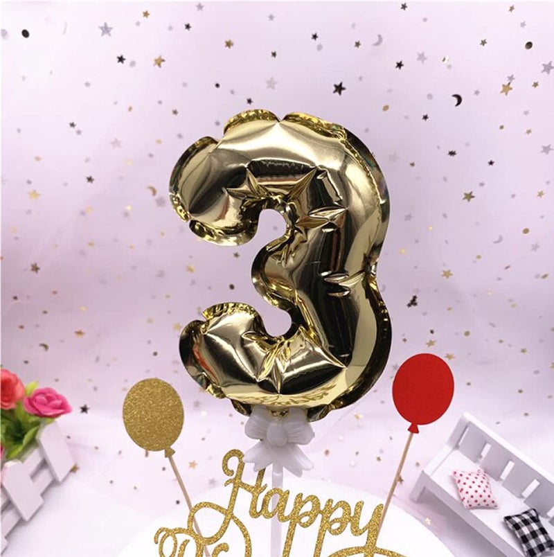 AMFIN® 3 Number Foil Balloon Cake Topper Wedding Decor Party Kids Birthday Anniversary Cake Flags Supplies - (Golden) - Image 1