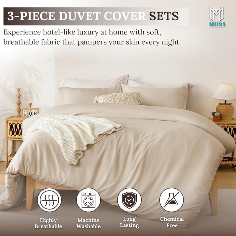 MUSA MUSA® Premium Comforter Set with 100% Cotton, Comfy 1 Comforter Cover & 2 Pillow Shams - Stain Free Duvet Cover for Bedrooms | Washable & Wrinkle Free (Beige, Full - 180 x 200cm) - Image 3