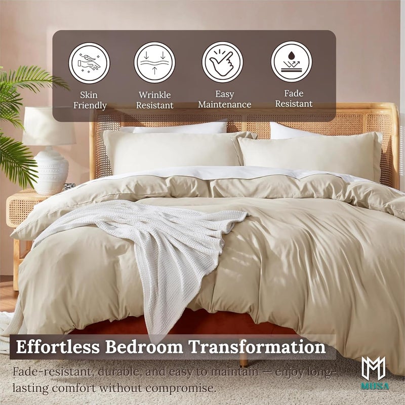 MUSA MUSA® Premium Comforter Set with 100% Cotton, Comfy 1 Comforter Cover & 2 Pillow Shams - Stain Free Duvet Cover for Bedrooms | Washable & Wrinkle Free (Beige, Full - 180 x 200cm) - Image 4