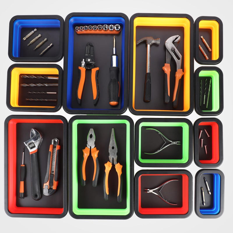 Burbell 12 Pcs Collapsible Magnetic Parts Tray Set Foldable Tool Tray Storage Organizer Magnetic Tray 3 Different Size Collapsible Bowl for Screw, Bolts, Nuts, Washers, Pins, Tool Gifts for Men - Image 3