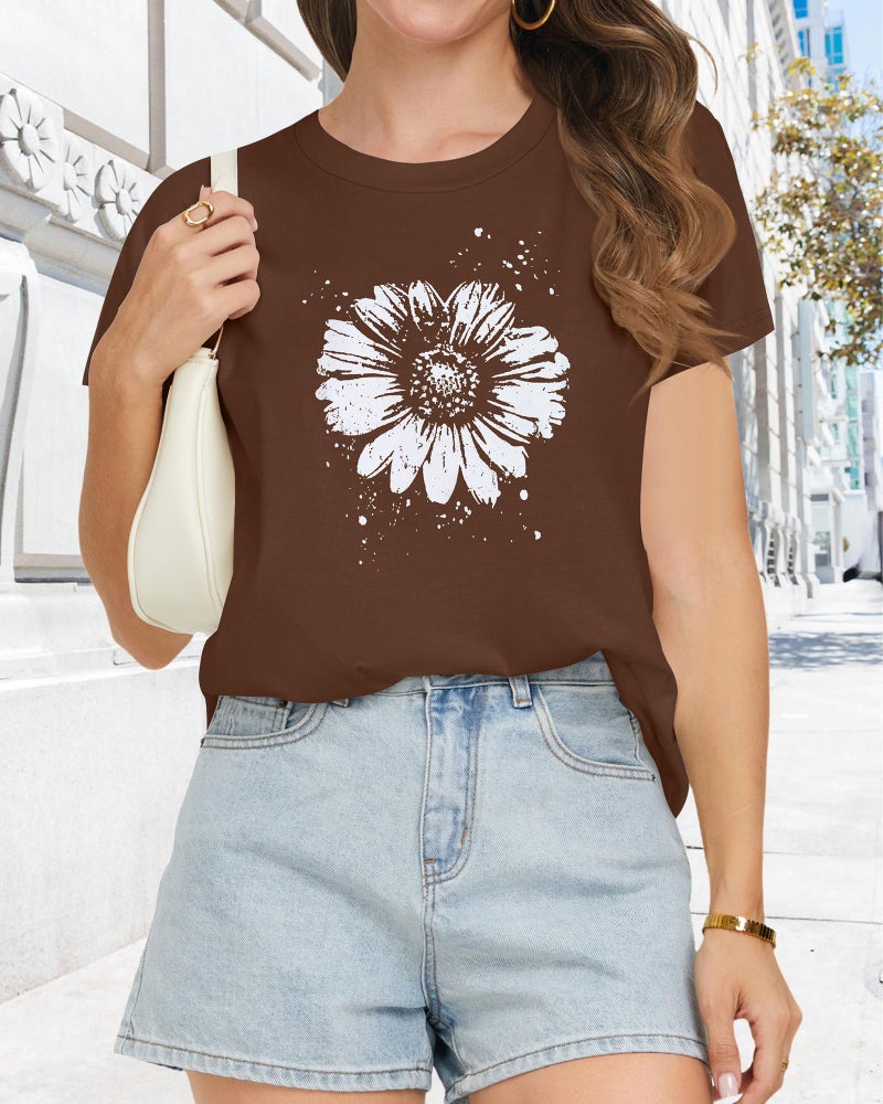 rosemia T Shirts for Women Summer Short Sleeve Crewneck Casual Cute Graphic Basic Tees Tops, Brown Flower, L - Image 5