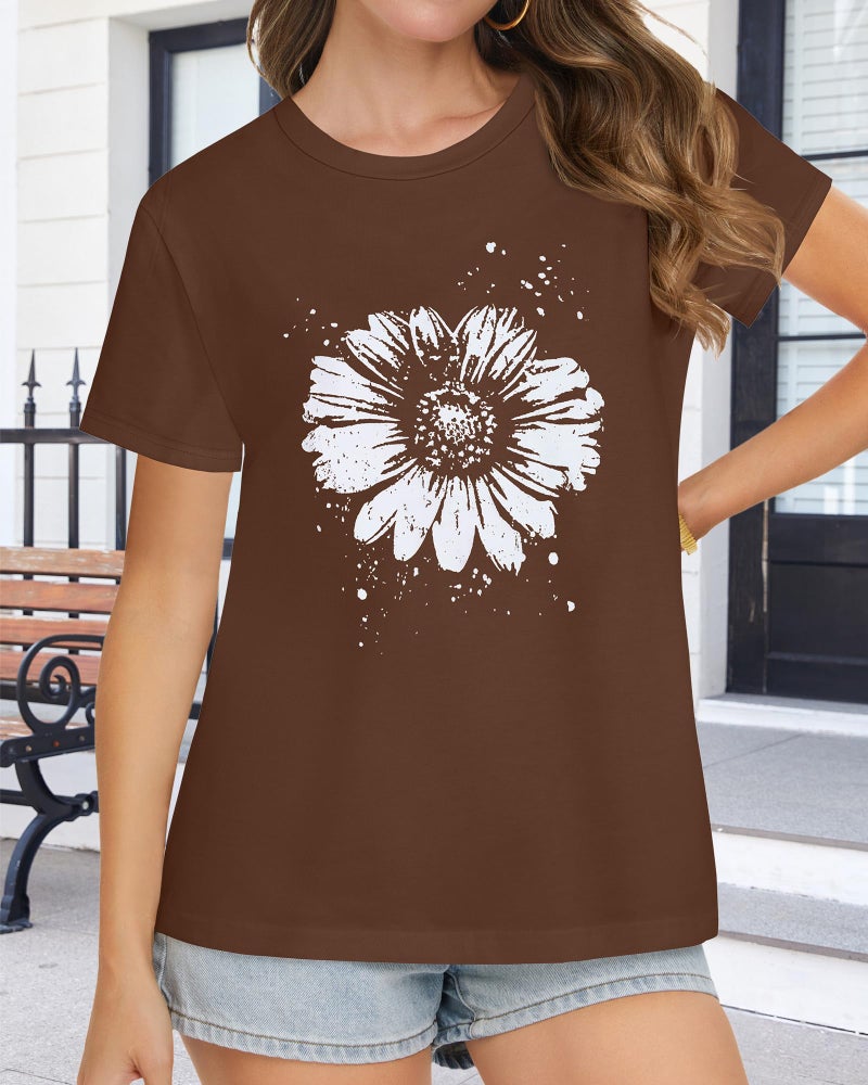 rosemia T Shirts for Women Summer Short Sleeve Crewneck Casual Cute Graphic Basic Tees Tops, Brown Flower, L - Image 3