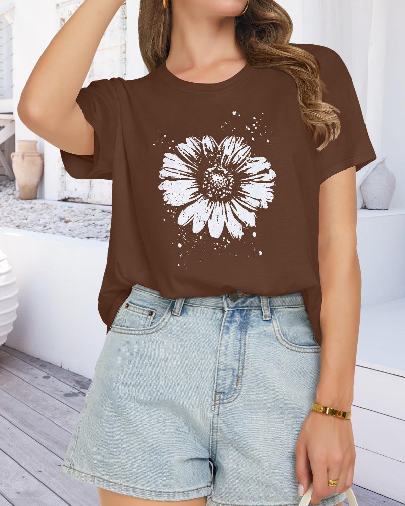 rosemia T Shirts for Women Summer Short Sleeve Crewneck Casual Cute Graphic Basic Tees Tops, Brown Flower, L - Image 4
