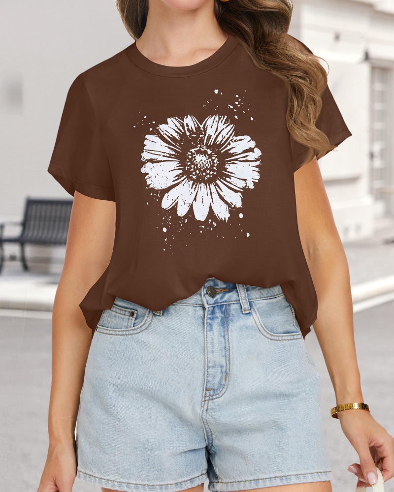 rosemia T Shirts for Women Summer Short Sleeve Crewneck Casual Cute Graphic Basic Tees Tops, Brown Flower, L - Image 2