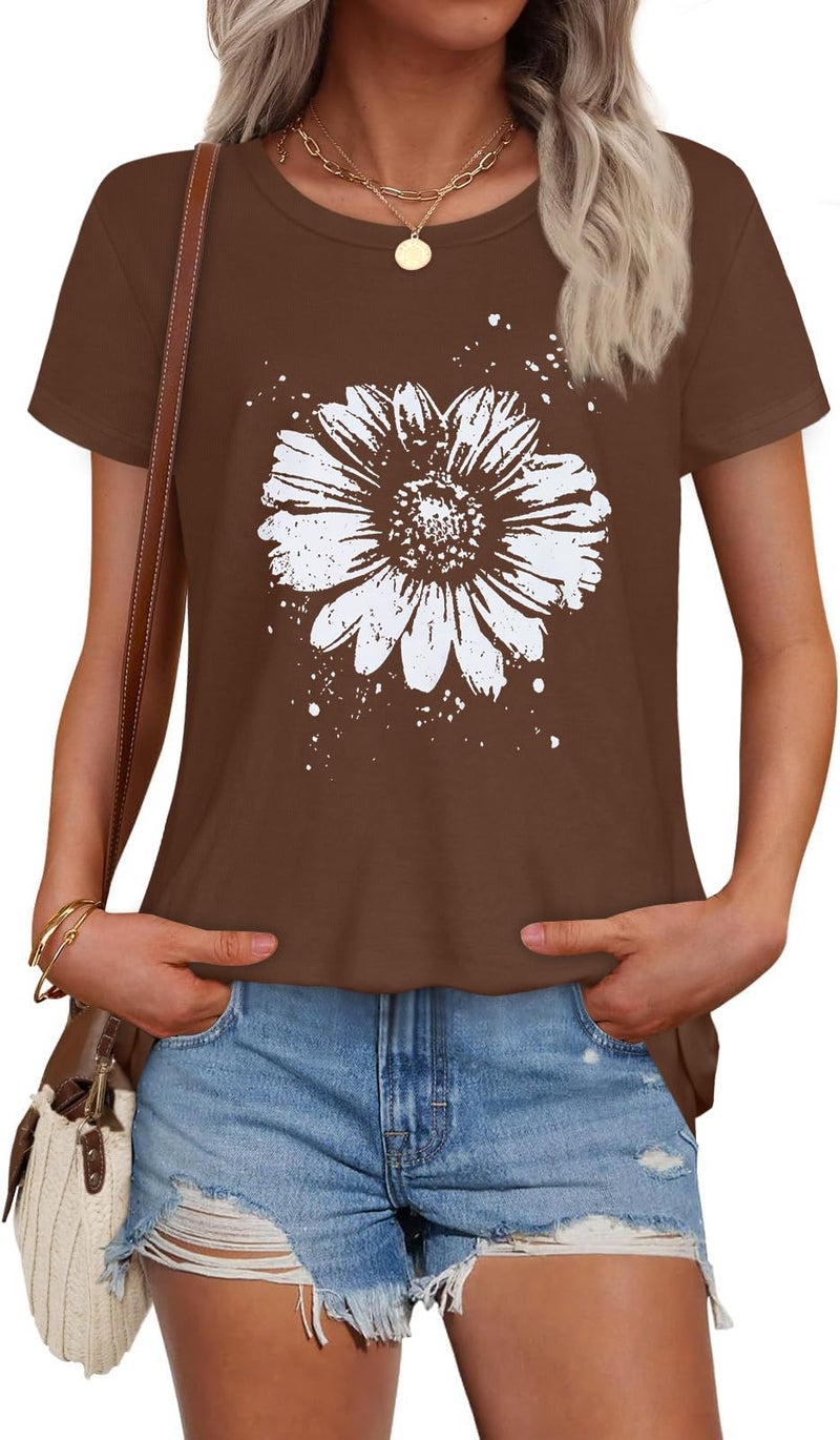 rosemia T Shirts for Women Summer Short Sleeve Crewneck Casual Cute Graphic Basic Tees Tops, Brown Flower, L - Image 1