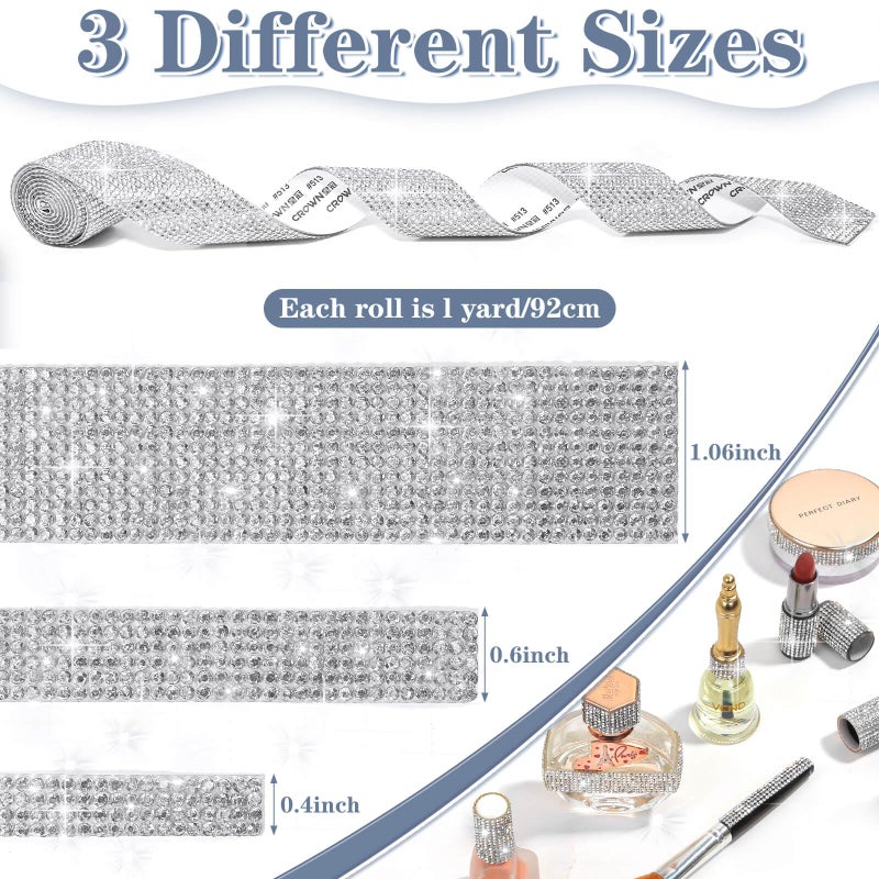 Cludoo 3 Rolls Rhinestone Ribbons, Silver Self Adhesive Rhinestone Strips, Diamond Rhinestones Roll Rhinestones Tape Bling Wrap, Bling Stickers for Crafts Decoration Car DIY Wedding Party - Image 2