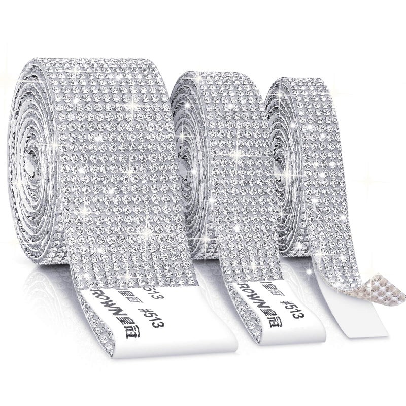Cludoo 3 Rolls Rhinestone Ribbons, Silver Self Adhesive Rhinestone Strips, Diamond Rhinestones Roll Rhinestones Tape Bling Wrap, Bling Stickers for Crafts Decoration Car DIY Wedding Party - Image 1