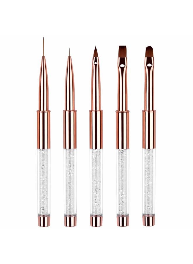 Ycyan 5pc Nail Art Brush Set - Rose Gold Rhinestone Handles with Gel Polish, Liner, Drawing Brushes for Salon & DIY Manicure - Image 1