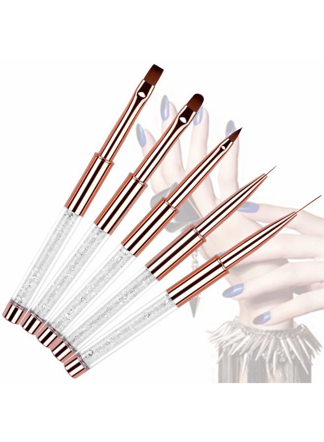 Ycyan 5pc Nail Art Brush Set - Rose Gold Rhinestone Handles with Gel Polish, Liner, Drawing Brushes for Salon & DIY Manicure - Image 3