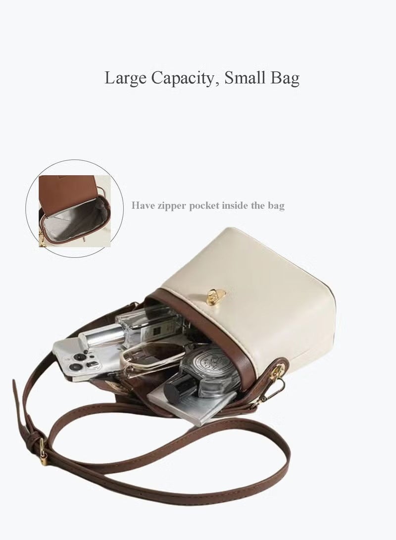 JOGAMS Fashionable White and Brown Leather Women’s Handbag Mini Box Tote with Gold Buckle Adjustable Strap Lightweight Crossbody and Shoulder Bag for Daily Use Shopping and Commute - Image 2