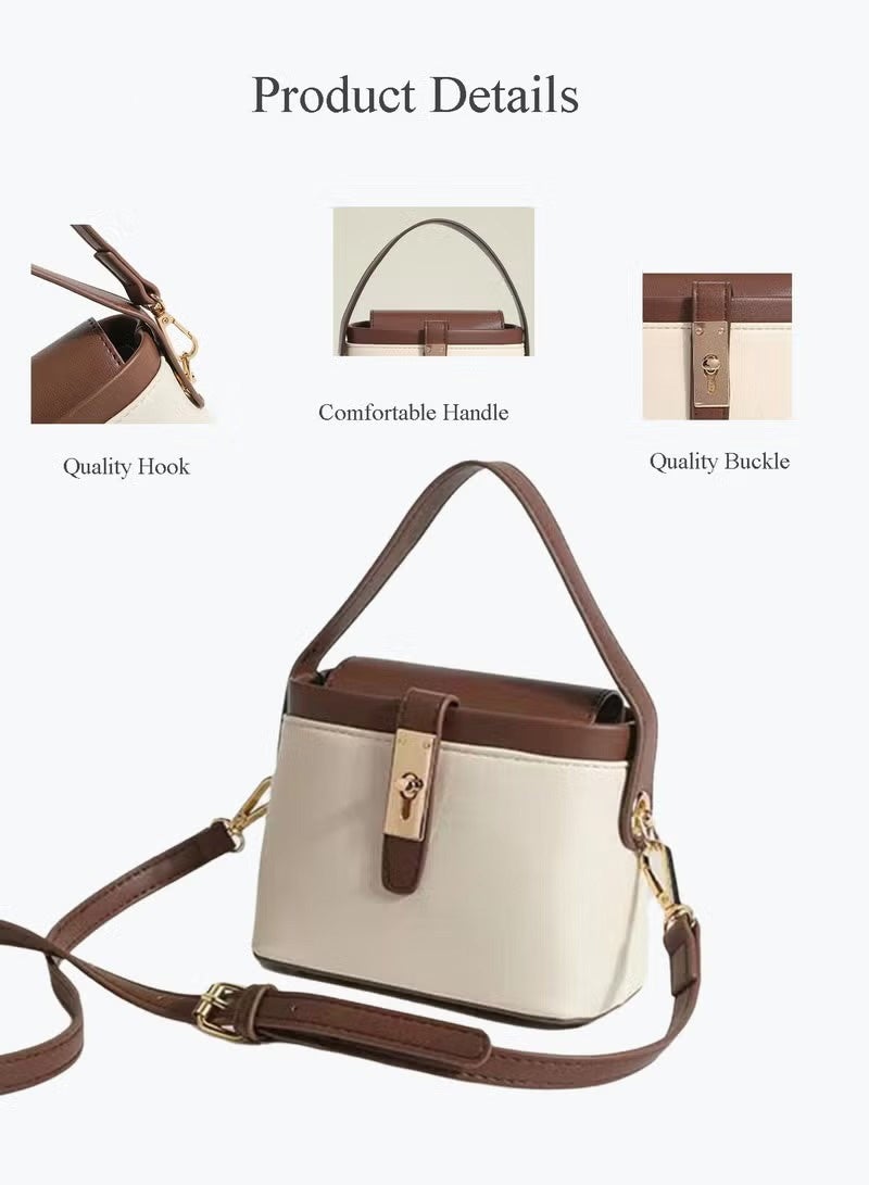 JOGAMS Fashionable White and Brown Leather Women’s Handbag Mini Box Tote with Gold Buckle Adjustable Strap Lightweight Crossbody and Shoulder Bag for Daily Use Shopping and Commute - Image 3