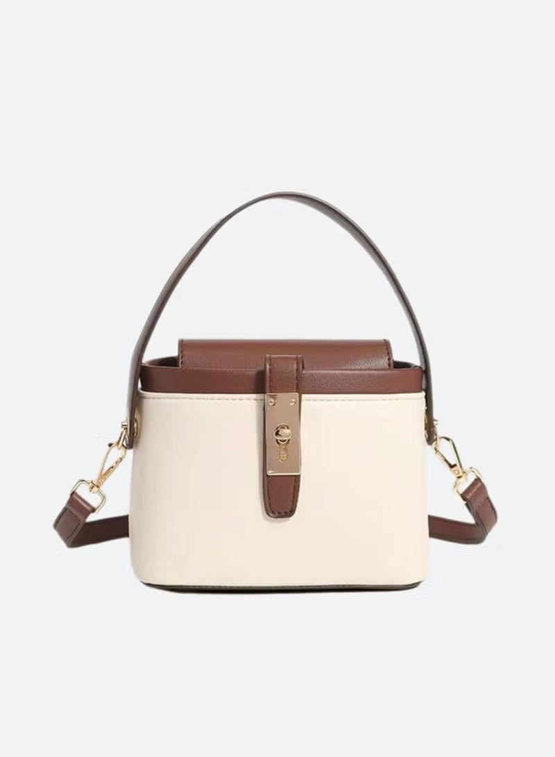 JOGAMS Fashionable White and Brown Leather Women’s Handbag Mini Box Tote with Gold Buckle Adjustable Strap Lightweight Crossbody and Shoulder Bag for Daily Use Shopping and Commute - Image 1