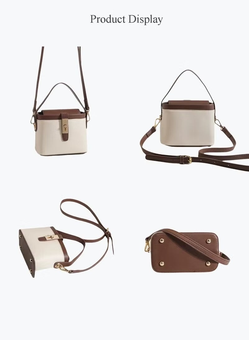 JOGAMS Fashionable White and Brown Leather Women’s Handbag Mini Box Tote with Gold Buckle Adjustable Strap Lightweight Crossbody and Shoulder Bag for Daily Use Shopping and Commute - Image 4