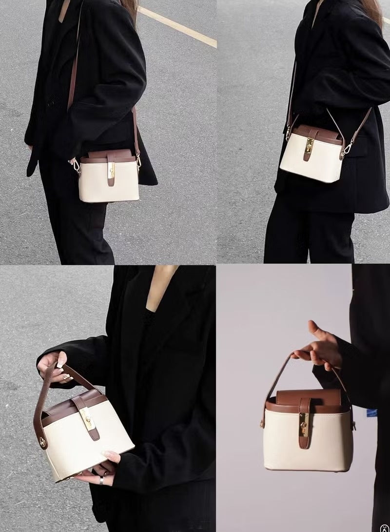 JOGAMS Fashionable White and Brown Leather Women’s Handbag Mini Box Tote with Gold Buckle Adjustable Strap Lightweight Crossbody and Shoulder Bag for Daily Use Shopping and Commute - Image 5