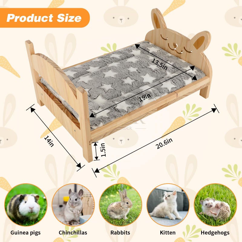Midollarle Large Wooden Rabbit Bed with Soft Mat, 2 in 1 Folding Pet Bed for Rabbit Guinea Pig Hamster Ferret Chinchilla Kitten Puppy Sleeping, Detachable Small Animal Bed, Wood Rabbit Habitat - Image 2