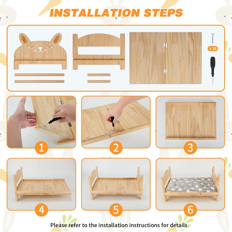 Midollarle Large Wooden Rabbit Bed with Soft Mat, 2 in 1 Folding Pet Bed for Rabbit Guinea Pig Hamster Ferret Chinchilla Kitten Puppy Sleeping, Detachable Small Animal Bed, Wood Rabbit Habitat - Image 5