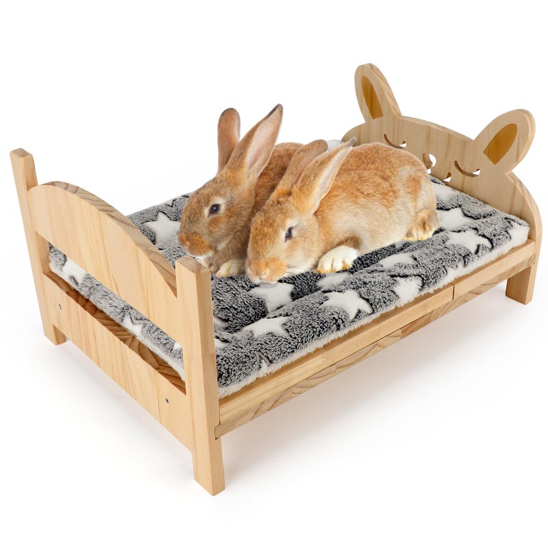 Midollarle Large Wooden Rabbit Bed with Soft Mat, 2 in 1 Folding Pet Bed for Rabbit Guinea Pig Hamster Ferret Chinchilla Kitten Puppy Sleeping, Detachable Small Animal Bed, Wood Rabbit Habitat - Image 1