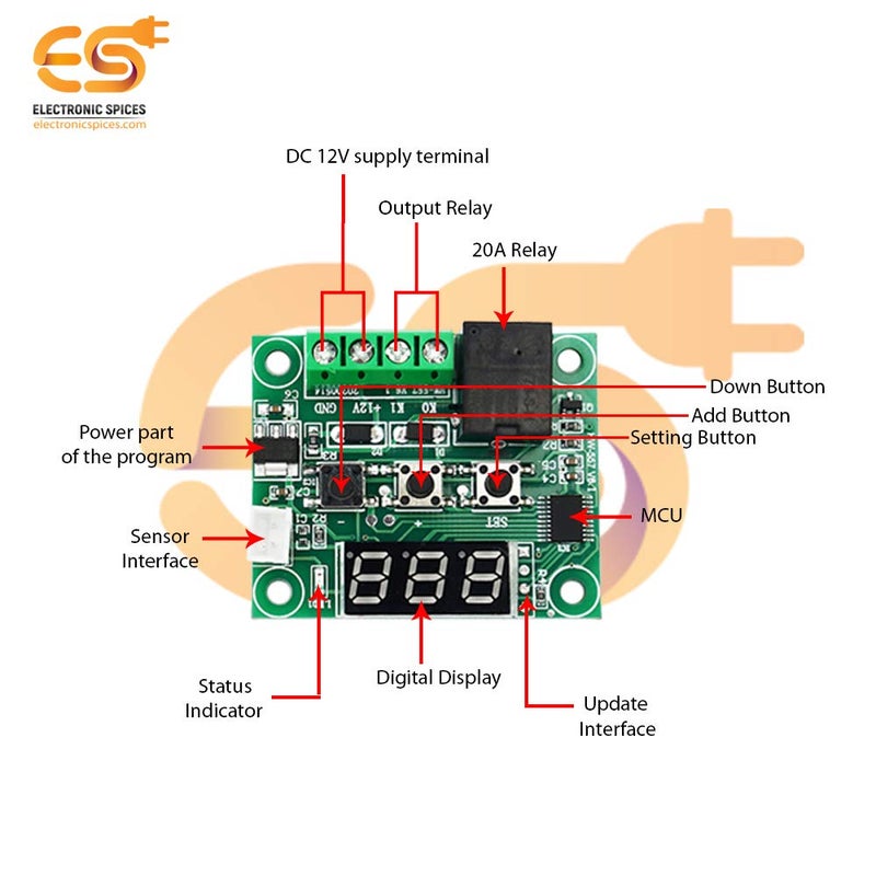 Electronicspices W1209 12V DC Digital Temperature Controller Board Micro Digital Thermostat -50-110°C Electronic Temperature Module - Image 5