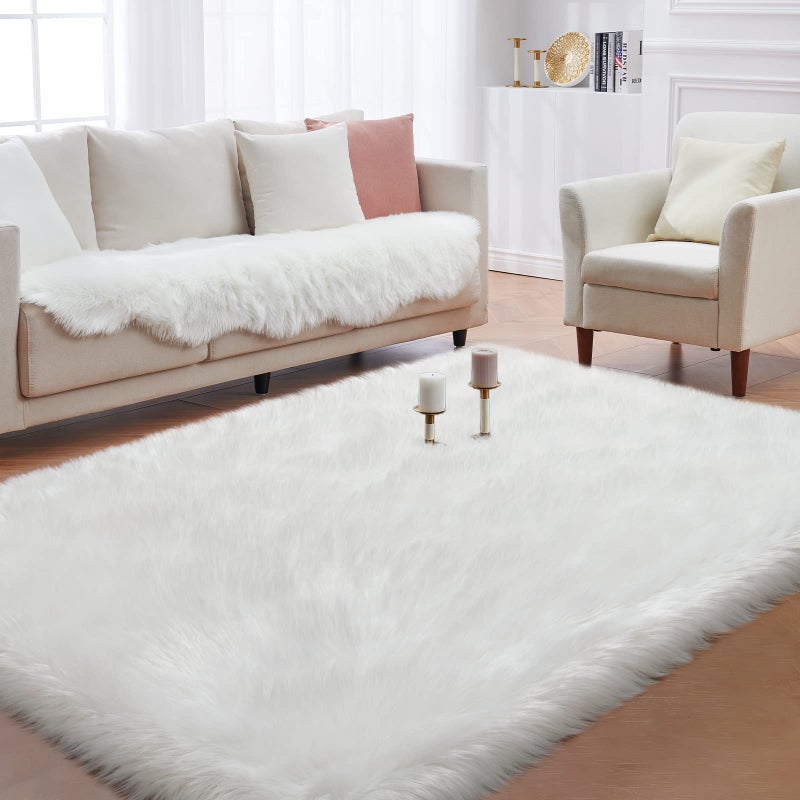 Tangsoo Fluffy Area Rug, White Faux Fur Rug for Bedroom 3'x5' Soft Shag Fuzzy Rugs for Living Room, Furry Bedside Nursery Rug Plush Indoor Floor Carpet for Kids Room Teen Dorm - Image 3