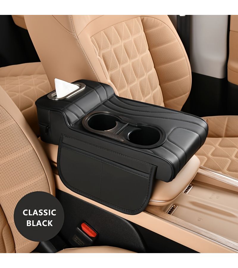 Orange Yellow 1 Car Armrest Cover with 2 Side Pockets and 2 Cup Holders Comfortable Elbow Support Stylish Stitching Design Interior Protector Suitable for Phones Bottles and Cards Fits Most Cars SUVs and Trucks - Image 1