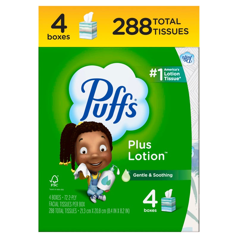 Puffs Plus Lotion Facial Tissue, 4 Mega Cube Boxes, 72 Tissues per Box, Allergies and Colds - Image 1