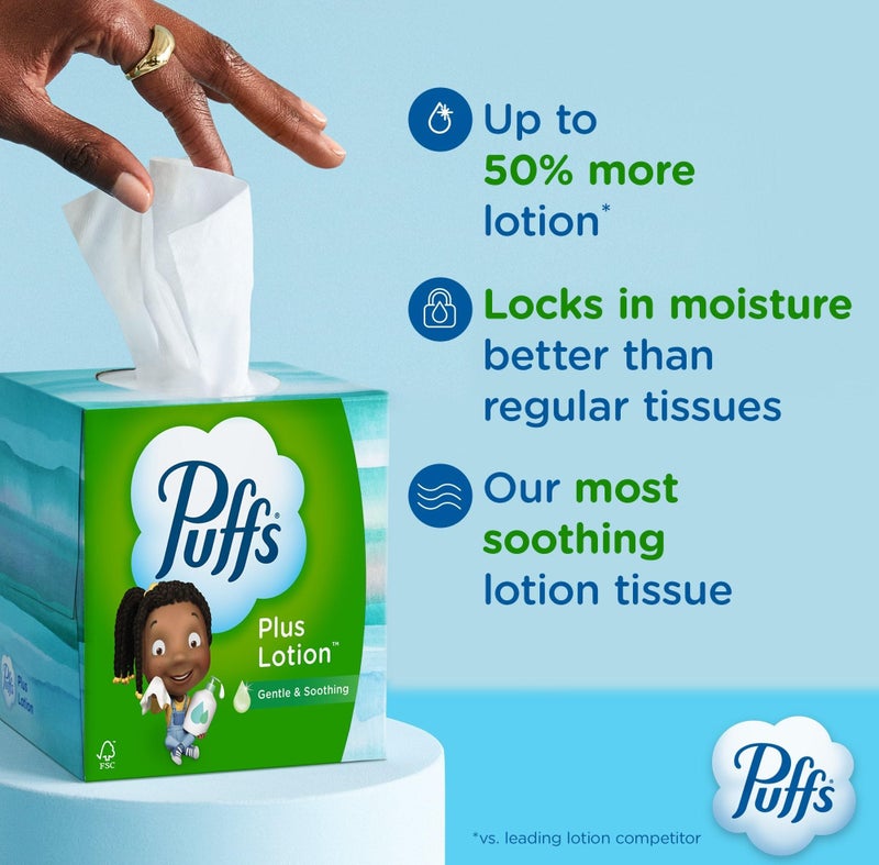 Puffs Plus Lotion Facial Tissue, 4 Mega Cube Boxes, 72 Tissues per Box, Allergies and Colds - Image 2