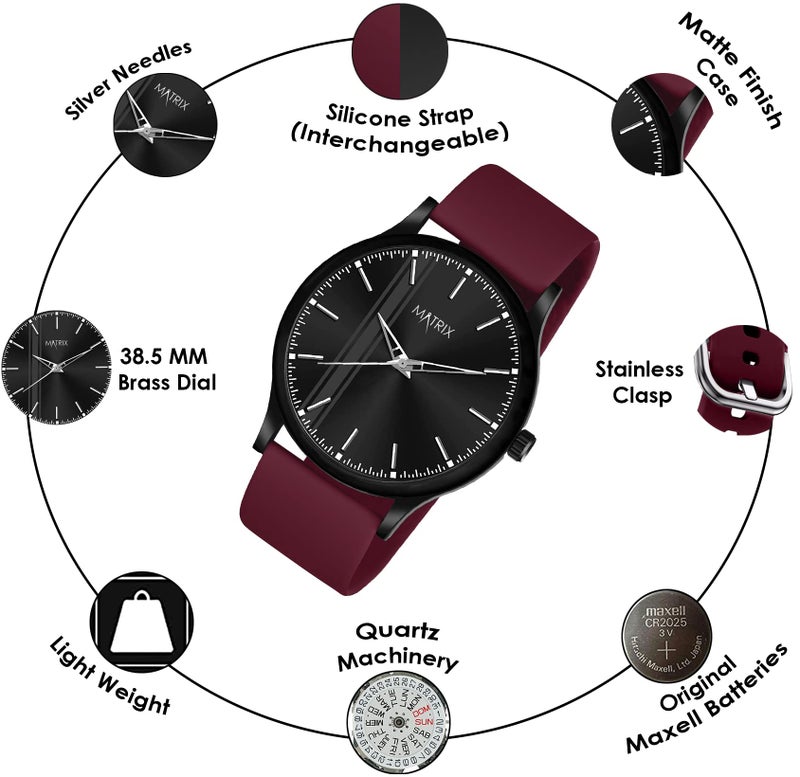 Matrix Men Silicone Swap Analogue Black Dial Watch With Interchangeable Straps for Boys (Burgundy), Band Color-Black - Image 4