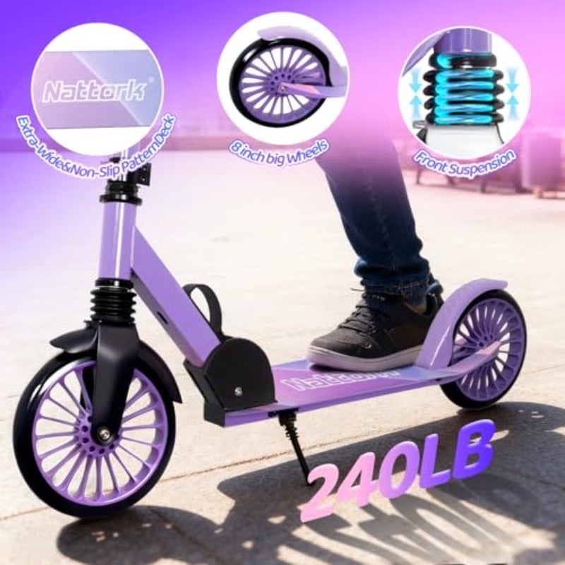 Kick Scooter for Teens Adults Max Load 240 LBS Adjustable Height Foldable with 8 Large Wheels Anti-Shock Suspension - Image 2