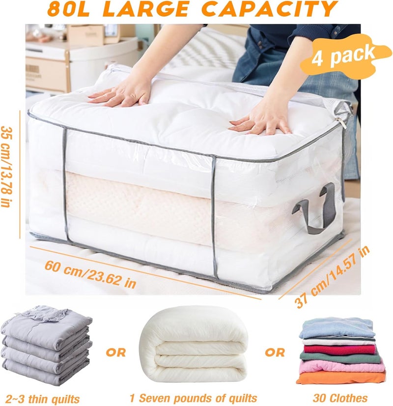 JIANGLAI 80L Clothes Storage Bags, 4 Pack Large Clear Capacity Clothes Organizer with Zips, Moisture proof, Plastic Packing Boxes for Moving House with Durable Handles for Clothing, Duvet, Bedding (Grey) - Image 2
