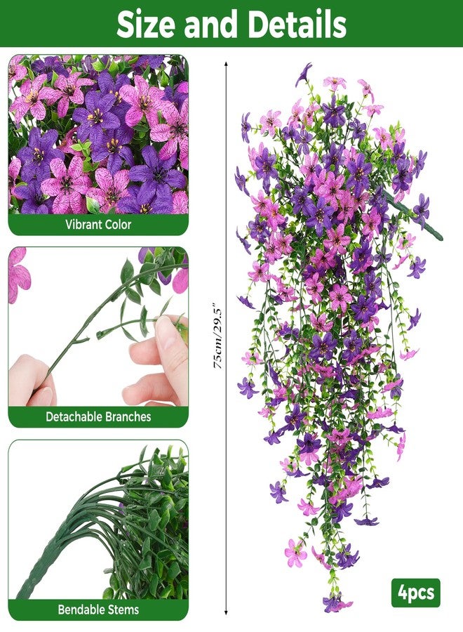 Roberly 4 Pcs Artificial Hanging Flowers for Outdoors, Realistic Faux Silk Flowers UV Resistant Fake Greenery Plants for Spring Summer Garden Porch Indoor Outdoor Home Decor, Purple - Image 2