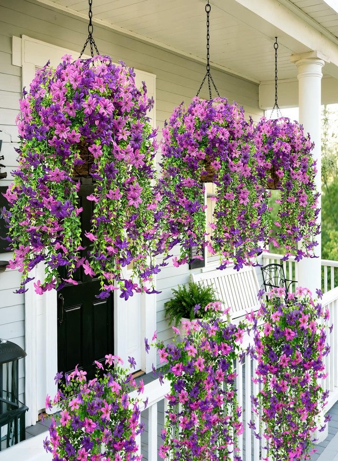 Roberly 4 Pcs Artificial Hanging Flowers for Outdoors, Realistic Faux Silk Flowers UV Resistant Fake Greenery Plants for Spring Summer Garden Porch Indoor Outdoor Home Decor, Purple - Image 4