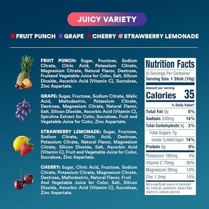 DripDrop Hydration Packets - Juicy Variety Pack - Single Serve Electrolytes Powder Drink Mix - Grape, Fruit Punch, Strawberry Lemonade, Cherry - Non-GMO, Gluten Free, Vegan - 16 Sticks - Image 4