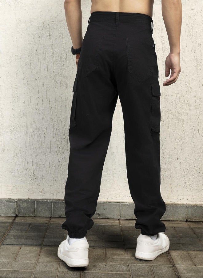 Hubberholme Men's Black Cotton Blend Solid Pattern Full Length Cargo Relaxed Trouser - Image 3