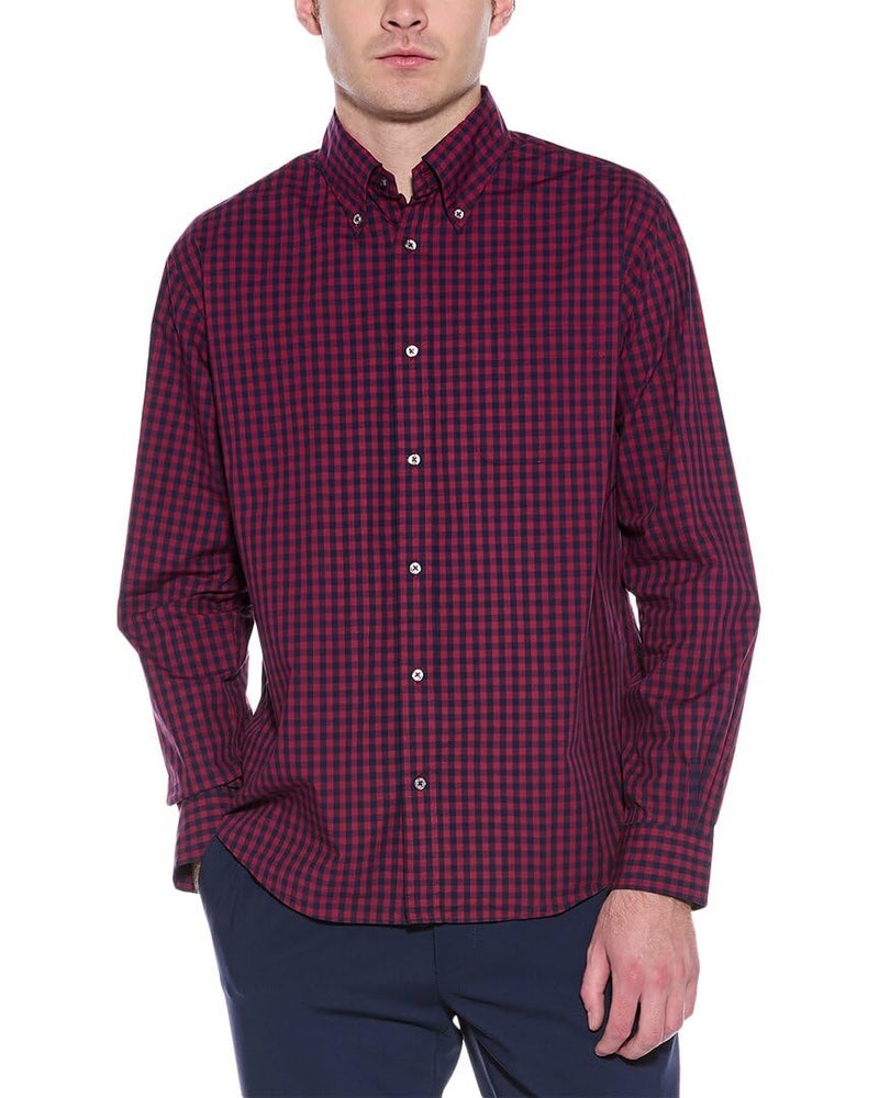 Brooks Brothers Mens Friday Poplin Long Sleeve Pattern Sport Shirt NavyRed Gingham Small