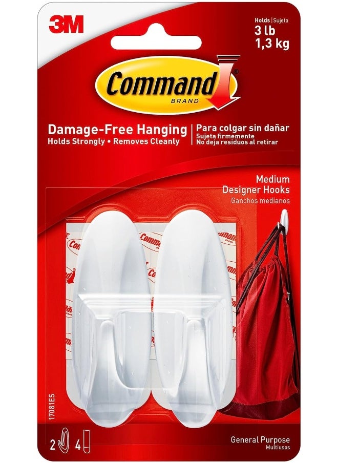 Command Command Designer Medium Hooks White color, 2 hooks + 4 strips/pack  - Image 1