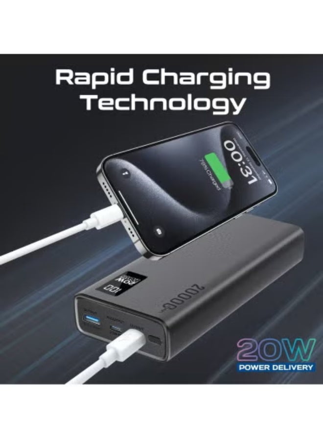 Ultra-Slim 20000mAh Power Bank – 20W USB-C PD & QC 3.0 Fast Charging, Dual USB Output, LCD Display, Overheat & Overcharge Protection – Works with All Smartphones & Tablets – Black - Image 3