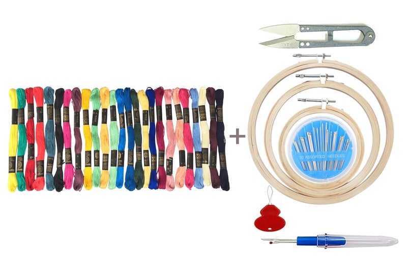 TE Embroidery Kit with Wooden Hoop Ring 6,7,8 Inches, 25 Multicolor Threads, 30 Needles, 1 Seam Ripper, 1 Threader and 1 Thread Cutter for Cross Stitch (Emb. kit 4th aati) - Image 1